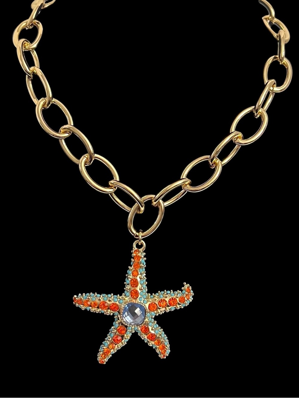 Betsey Johnson Gold-Tone Chain Necklace with Orange & Aqua Starfish Pendant